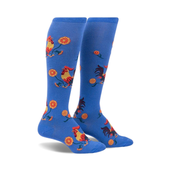 blue knee-high socks with red and orange rooster pattern for women   