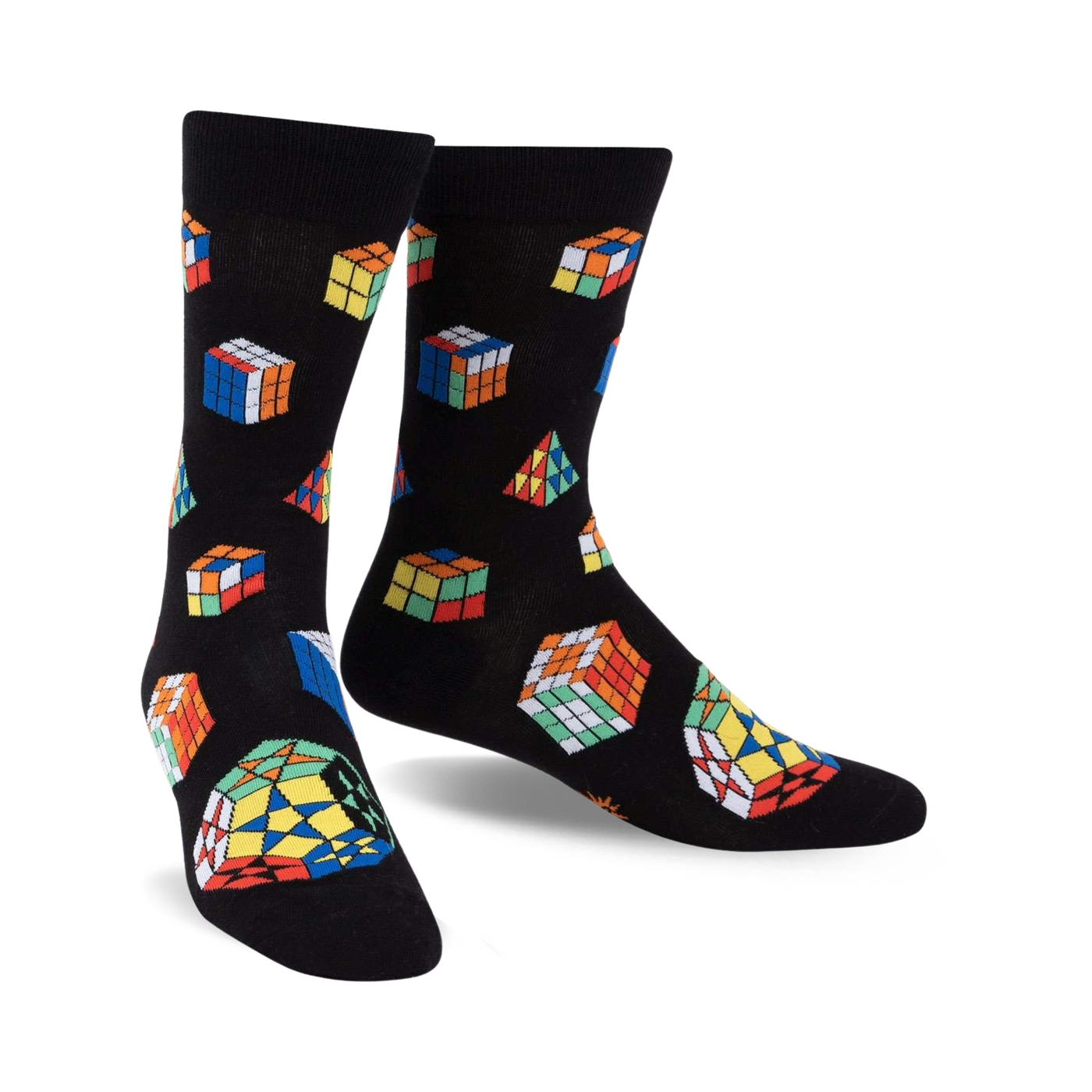 Pair of black crew socks adorned with multicolored Rubik's Cubes and geometric shapes. Fun, playful design.