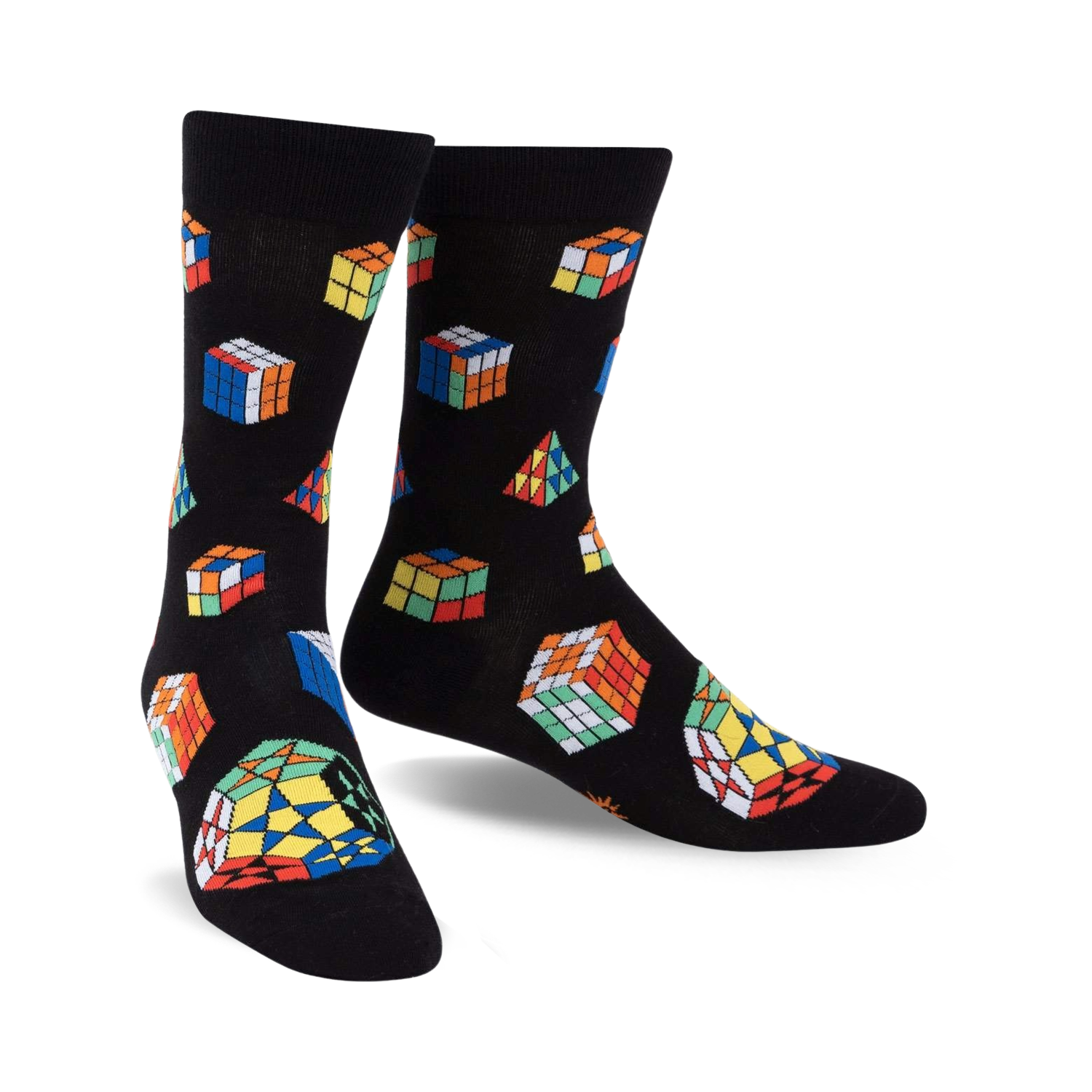 Pair of black crew socks adorned with multicolored Rubik's Cubes and geometric shapes. Fun, playful design.