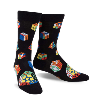 colorful rubik's cube patterned black men's crew socks made for gamers and puzzle lovers.  