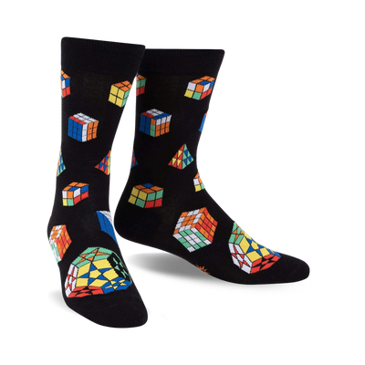 colorful rubik's cube patterned black men's crew socks made for gamers and puzzle lovers.  