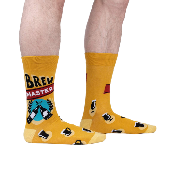 Lifestyle shot of a person wearing the Brewmaster socks, showcasing the fit and style on a leg.