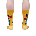 Rear view of the Brewmaster socks on a person's legs, highlighting the full design and how it looks from the back.