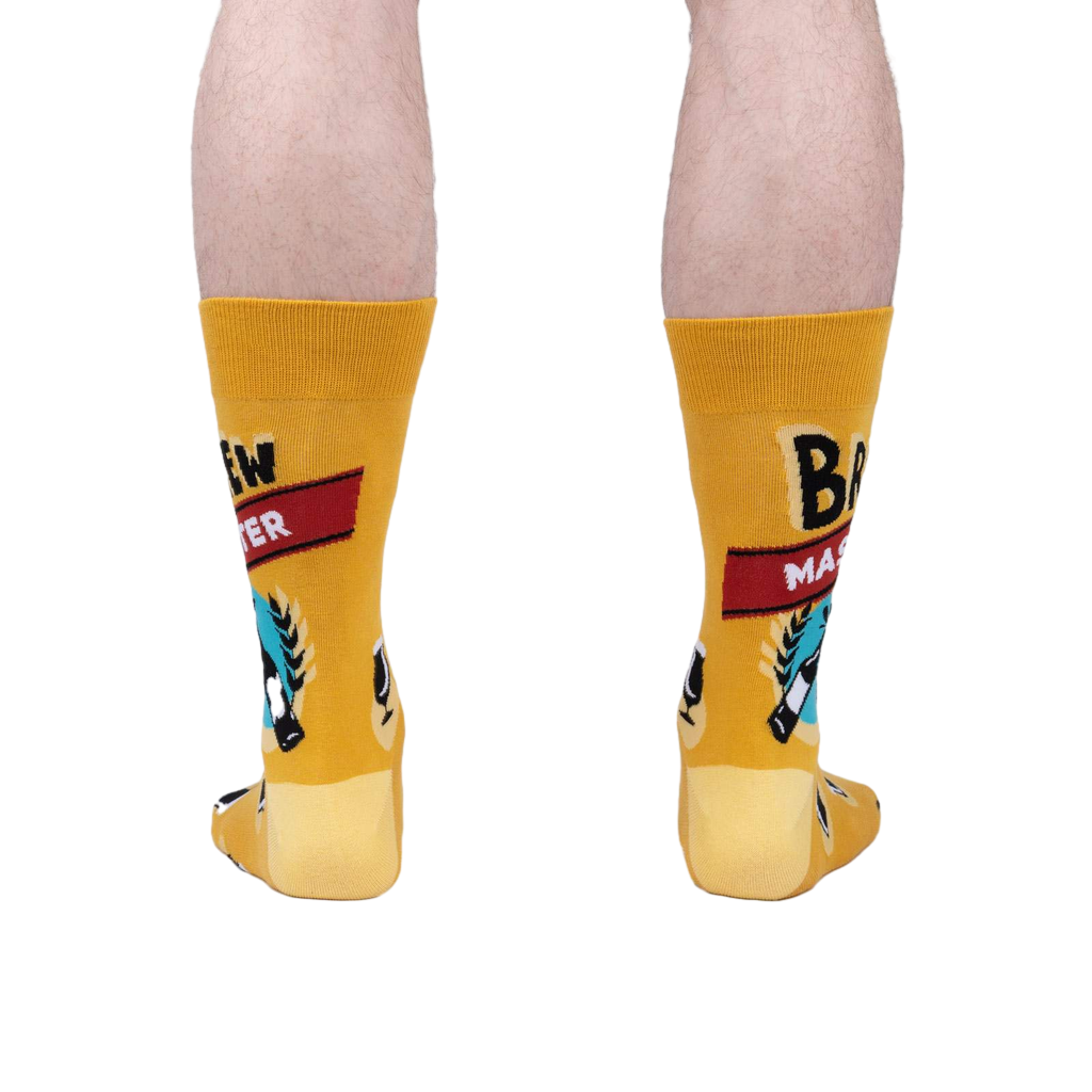 Rear view of the Brewmaster socks on a person's legs, highlighting the full design and how it looks from the back.