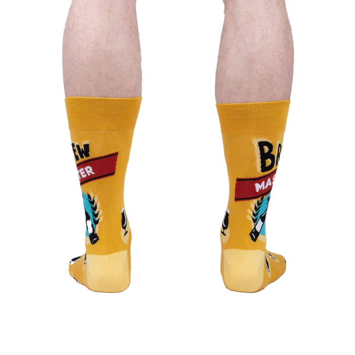Rear view of the Brewmaster socks on a person's legs, highlighting the full design and how it looks from the back.