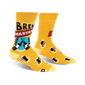 Crew socks in mustard yellow with a 'Brewmaster' design. Features beer bottles, mugs, and other beer-related graphics.
