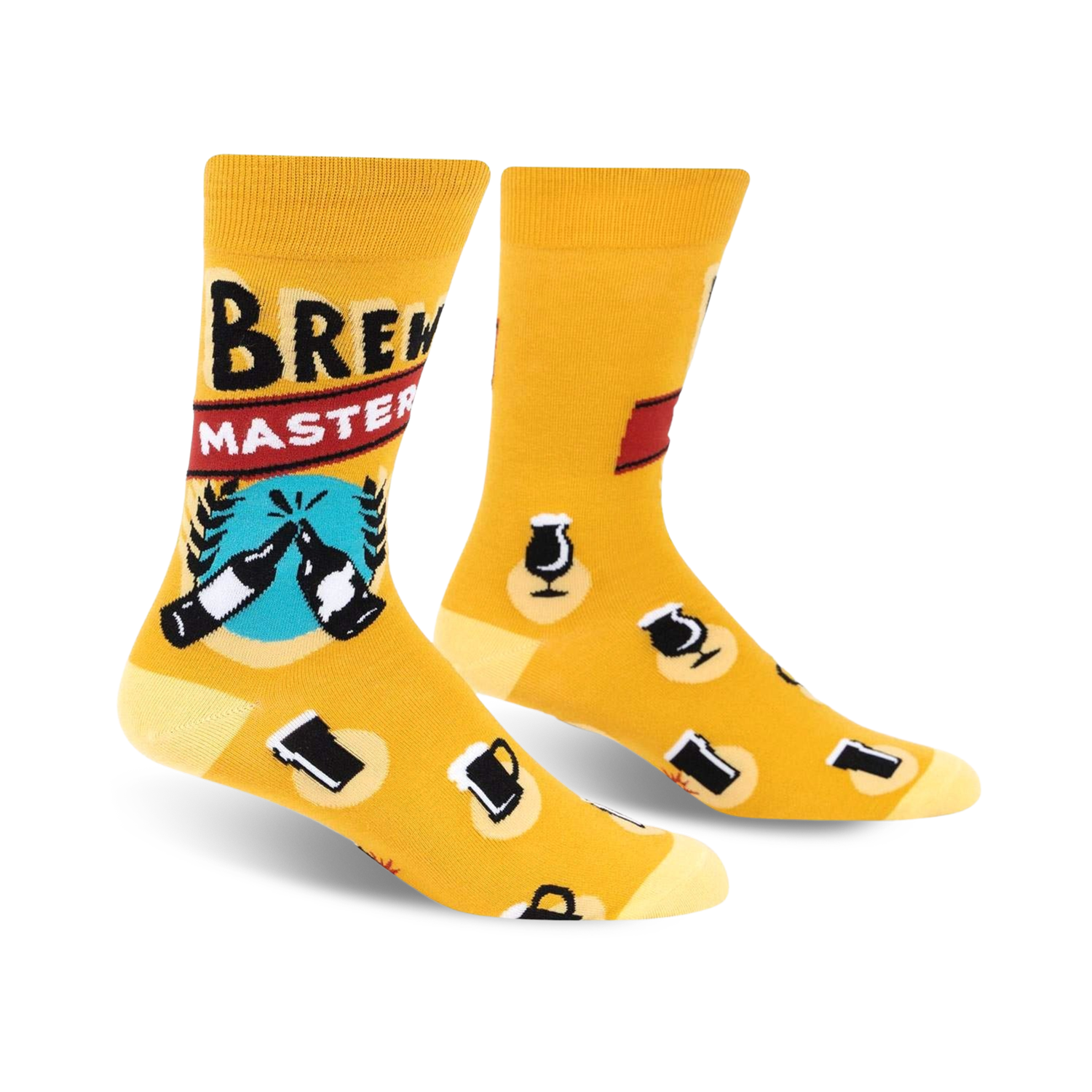 Crew socks in mustard yellow with a 'Brewmaster' design. Features beer bottles, mugs, and other beer-related graphics.