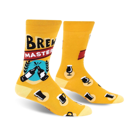 yellow crew socks with beer glasses, bottles, and hops. "brewmaster" in black text with a red banner. mens.  