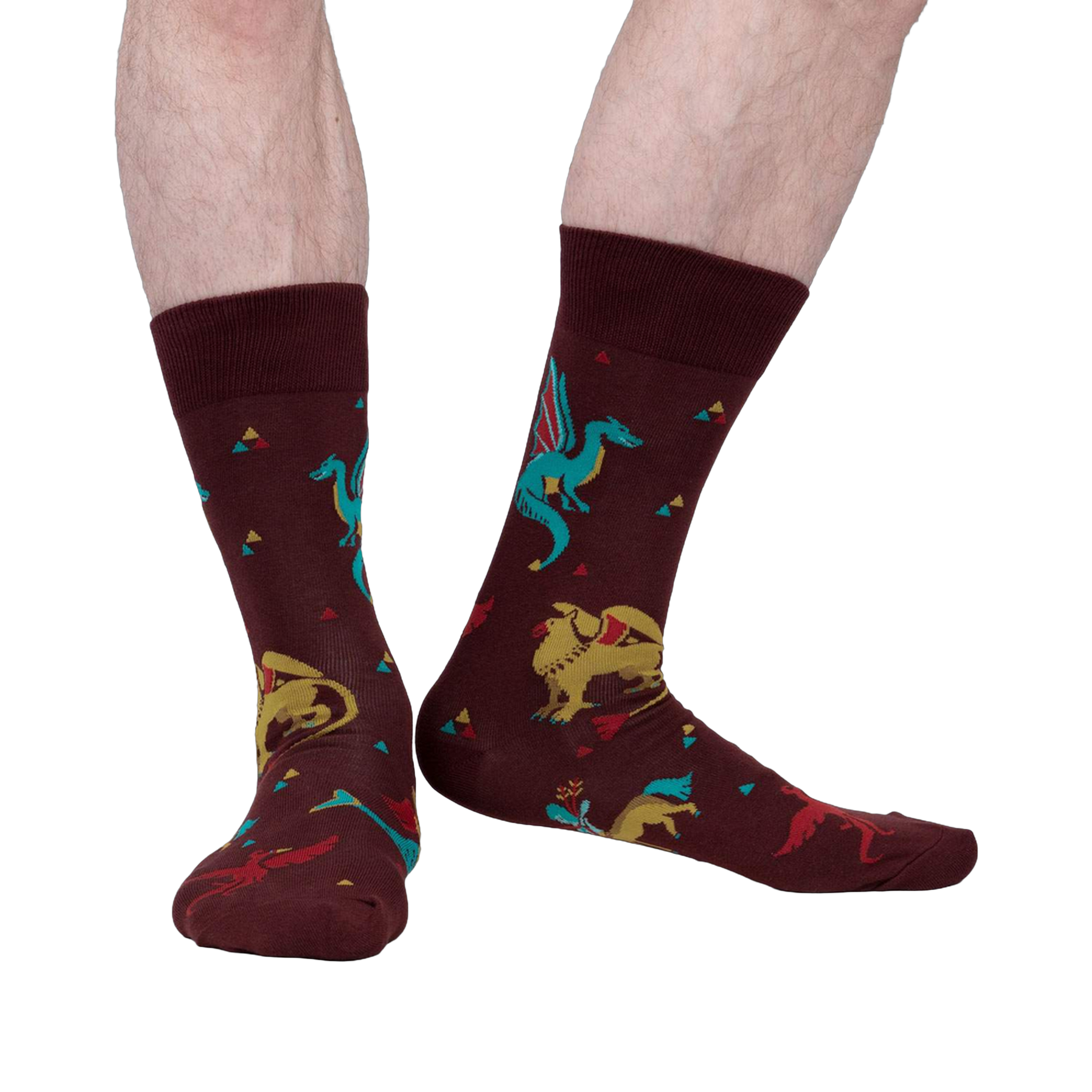 Lifestyle shot of a model's legs wearing the Beasts of Yore socks, showing the socks on feet.