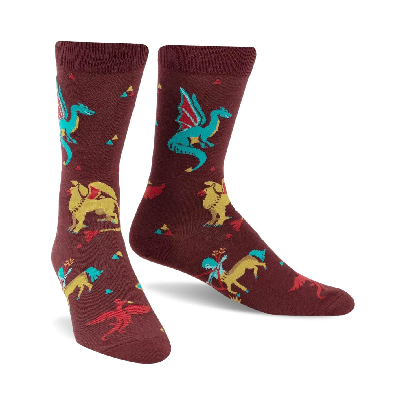 Burgundy crew socks featuring dragons, griffins, and phoenixes in teal, yellow, and red. Small triangles are scattered across the background.
