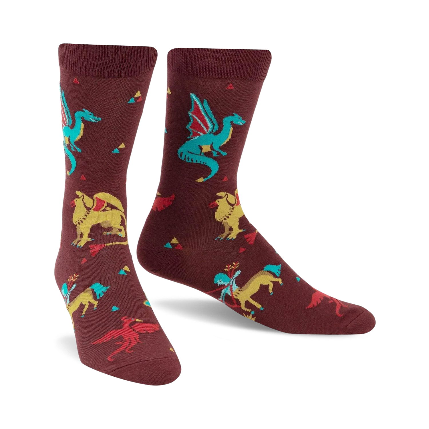 Burgundy crew socks featuring dragons, griffins, and phoenixes in teal, yellow, and red. Small triangles are scattered across the background.