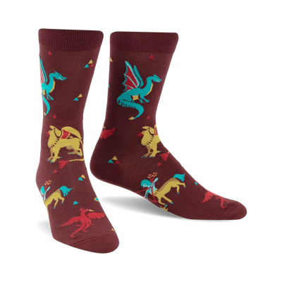 maroon crew socks featuring a multi-colored fantasy pattern of dragons, griffins, and unicorns on a backdrop of blue, yellow, and red triangles.   