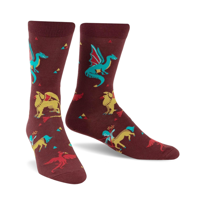 maroon crew socks featuring a multi-colored fantasy pattern of dragons, griffins, and unicorns on a backdrop of blue, yellow, and red triangles.   