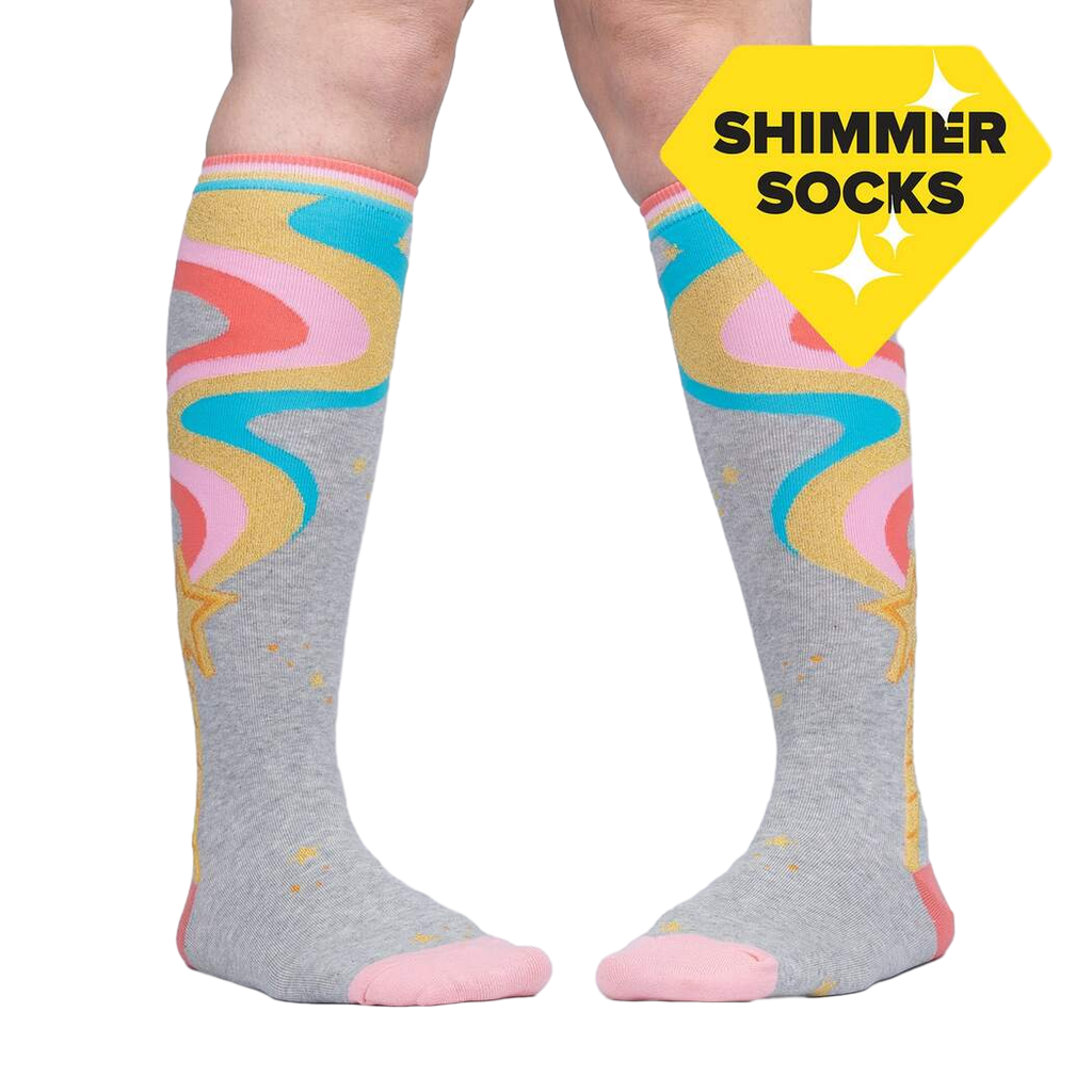 Another lifestyle shot of the 'It's Magic' knee-high socks.  Shows how the socks fit when worn.