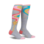 Pair of grey knee-high socks with pink, orange, and teal wavy lines resembling a magic wand with a gold star.  Features gold glitter accents.