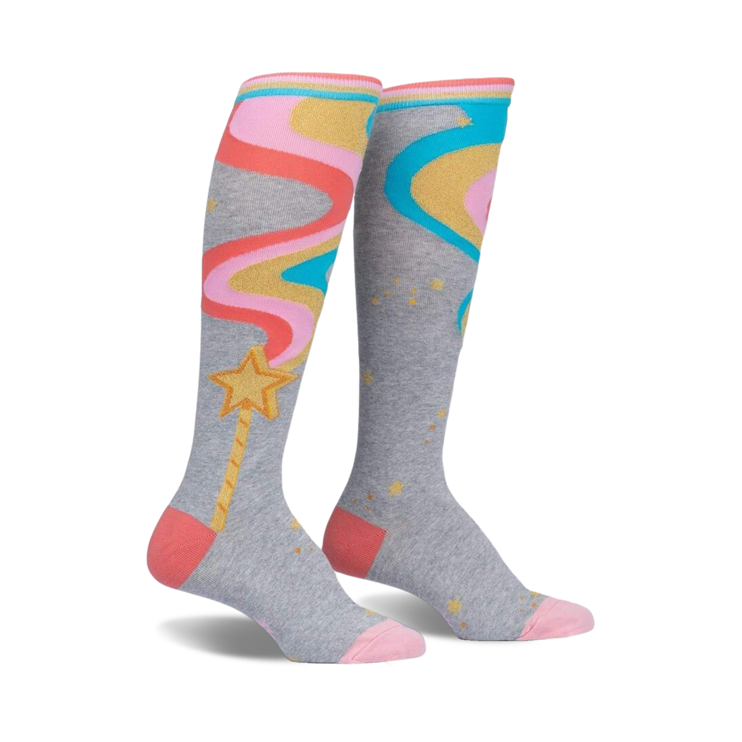Pair of grey knee-high socks with pink, orange, and teal wavy lines resembling a magic wand with a gold star.  Features gold glitter accents.
