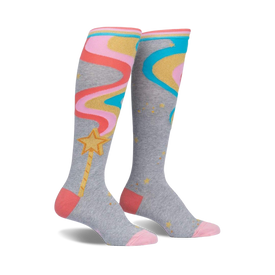gray, pink, yellow knee-high socks with stars and a rainbow shooting star pattern.   