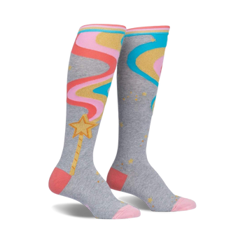 gray, pink, yellow knee-high socks with stars and a rainbow shooting star pattern.   