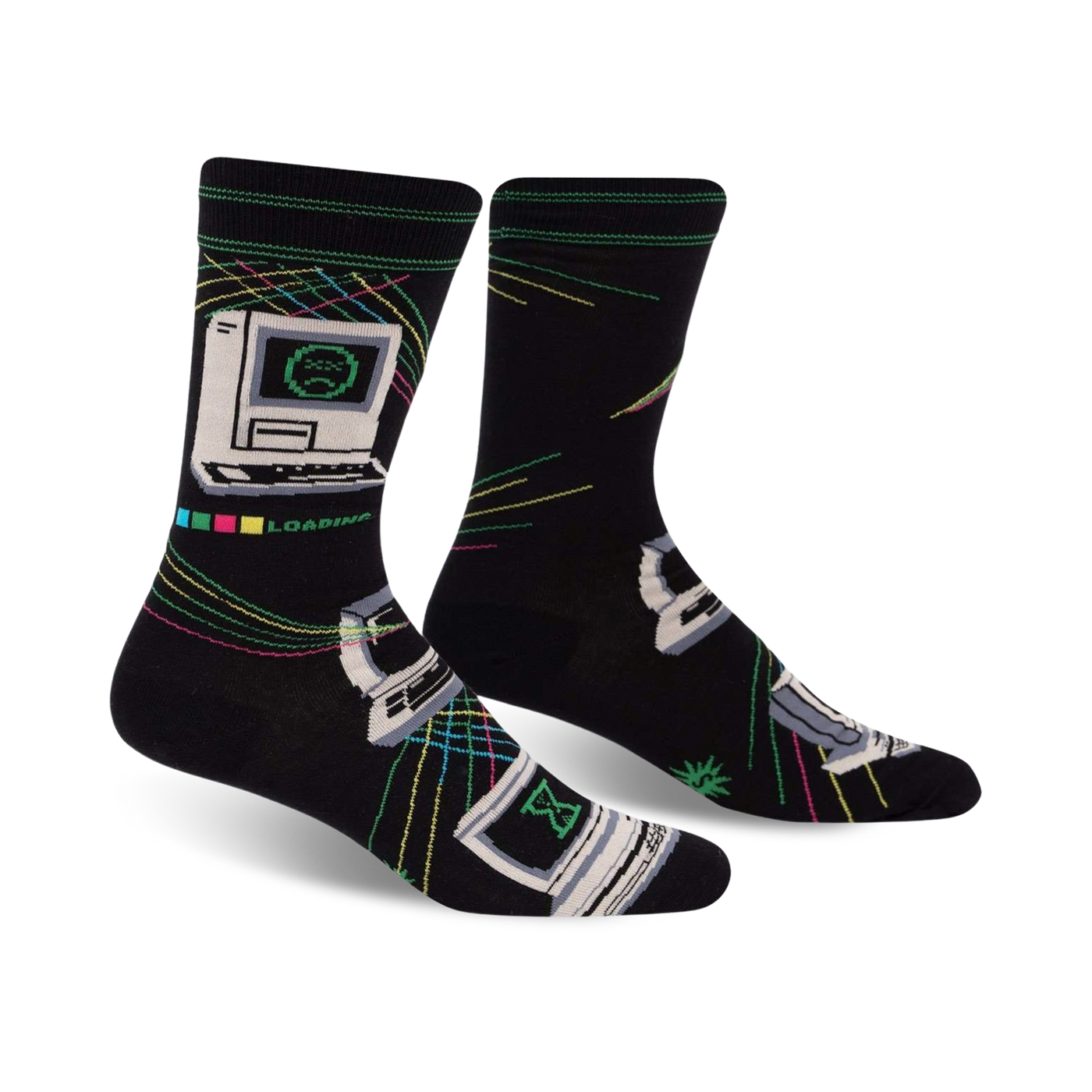 Black crew socks with a retro computer design, featuring pixel art, rainbow colored lines, and the text 'LOADING...' in green.