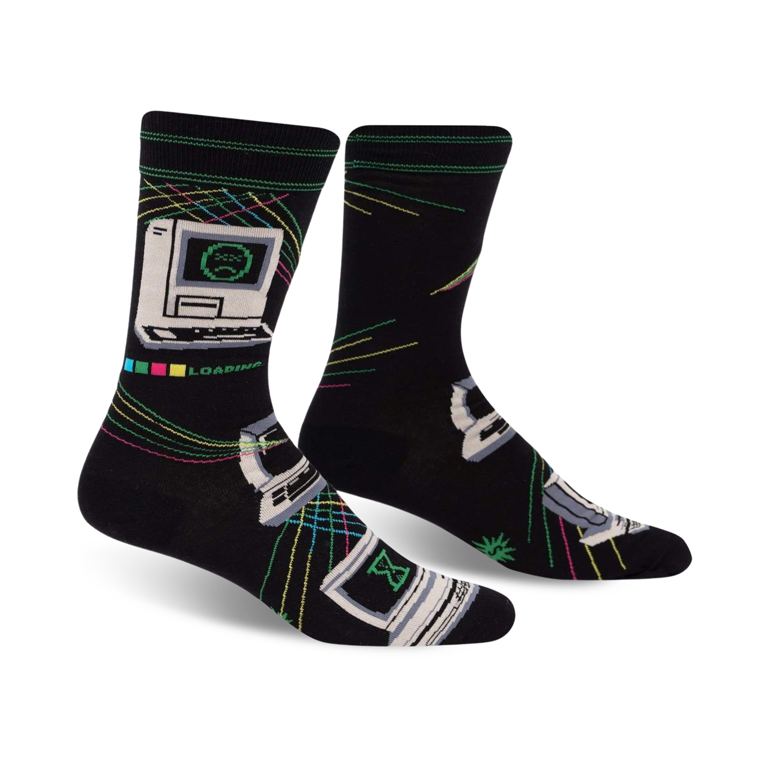 Black crew socks with a retro computer design, featuring pixel art, rainbow colored lines, and the text 'LOADING...' in green.
