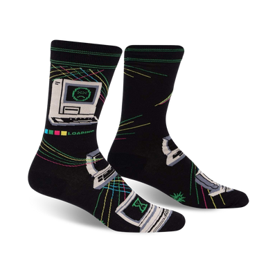 black crew socks with 8-bit computer graphics, binary numbers, and circuit board-like lines, with "loading" at the top.  