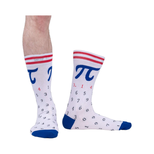 Lifestyle shot of a person wearing the American Pi socks, showing how they fit and look on the feet.