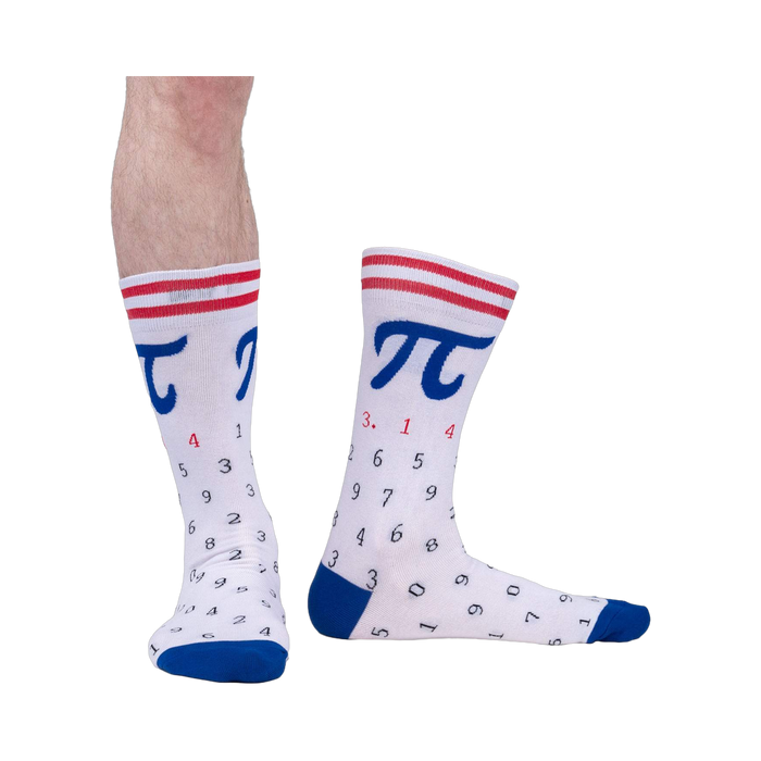 Lifestyle shot of a person wearing the American Pi socks, showing how they fit and look on the feet.