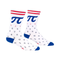 A pair of white crew socks with a blue cuff and red-and-white stripes. A large Pi symbol and the digits of Pi are printed on the socks.