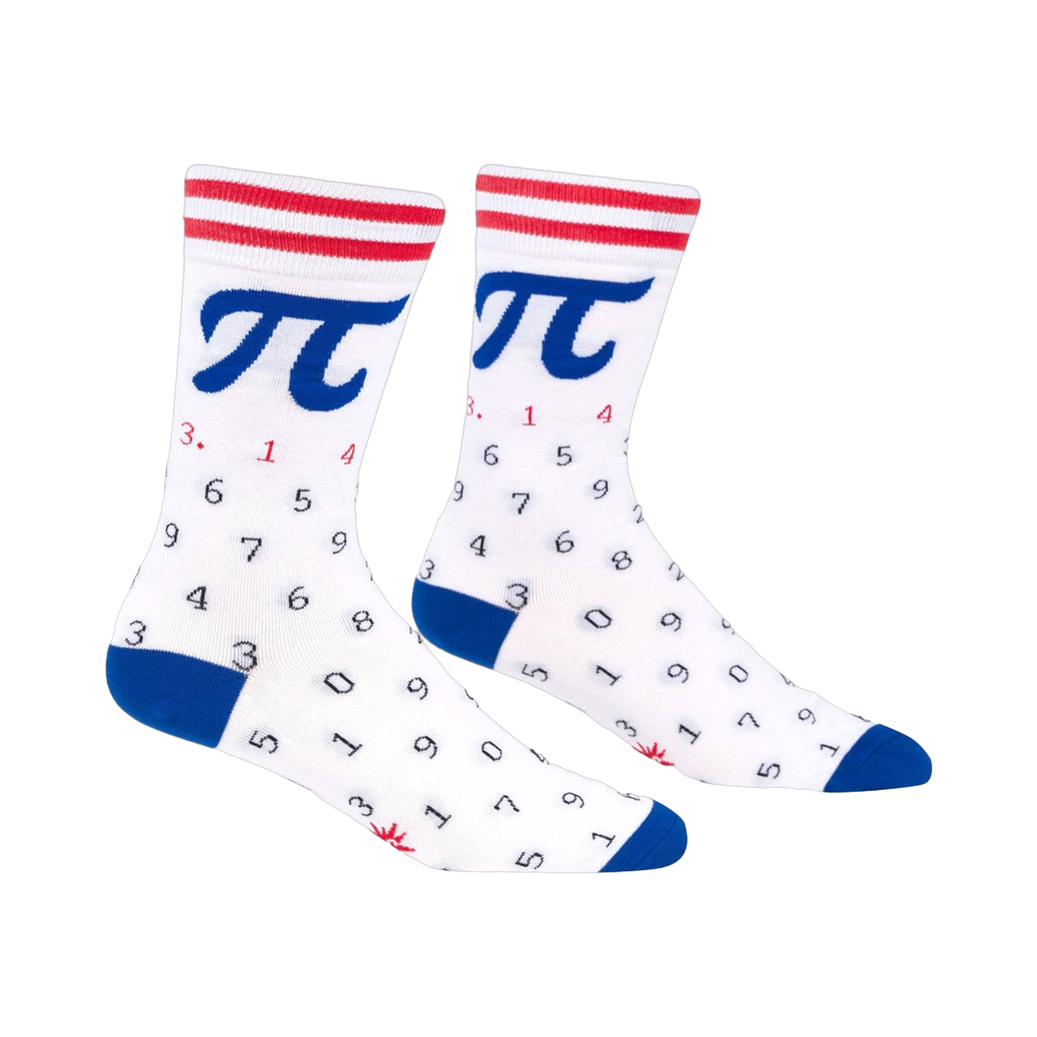 A pair of white crew socks with a blue cuff and red-and-white stripes. A large Pi symbol and the digits of Pi are printed on the socks.