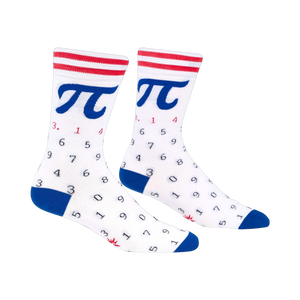 A pair of white crew socks with a blue cuff and red-and-white stripes. A large Pi symbol and the digits of Pi are printed on the socks.