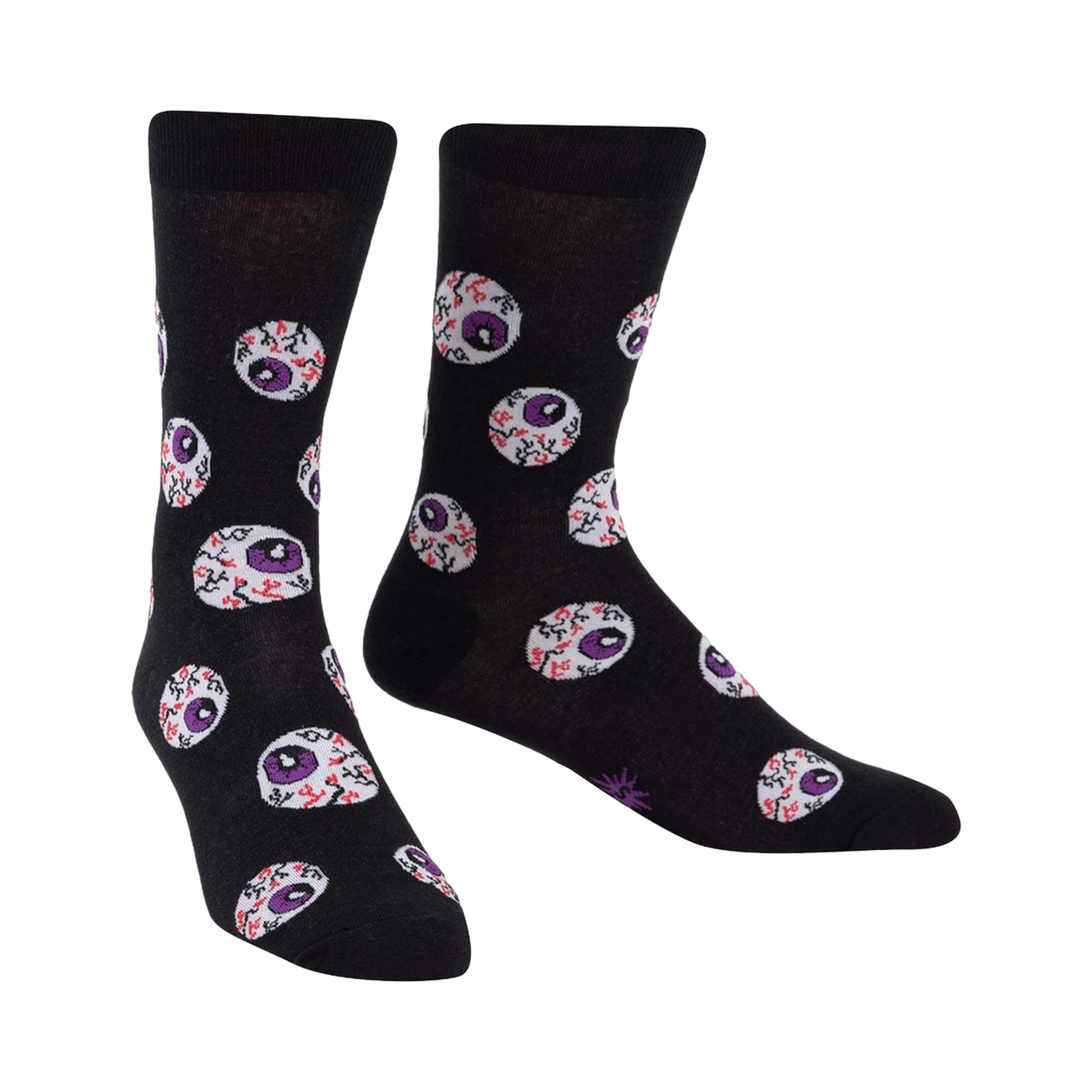 Black crew socks with a repeating pattern of purple and red eyeball designs. The socks glow in the dark.