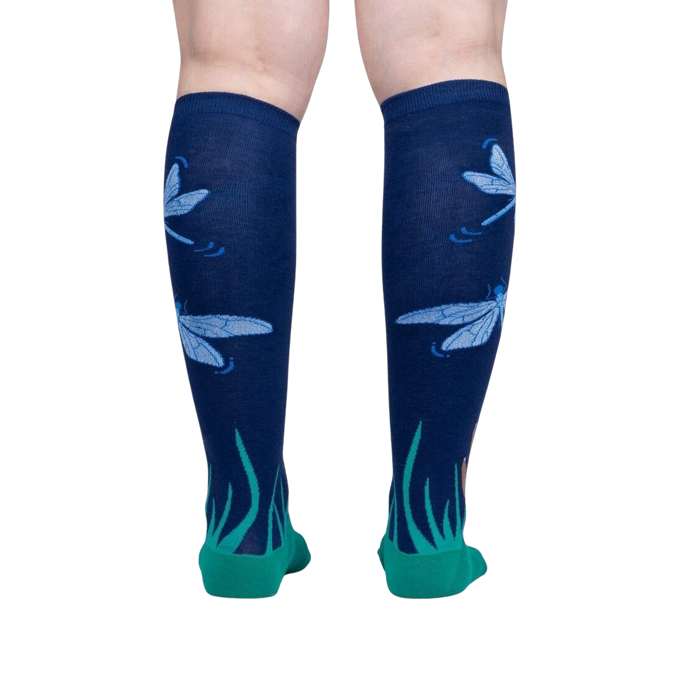 Back view of a person wearing the 'Dragonfly by Night' knee-high socks, showcasing the full design.