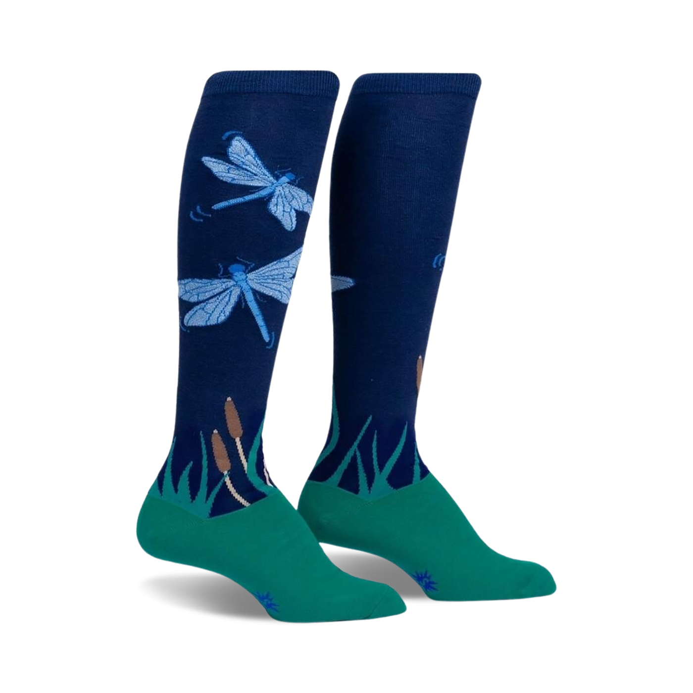 Pair of navy blue knee-high socks with teal cuffs, featuring a design of light blue dragonflies and green reeds.