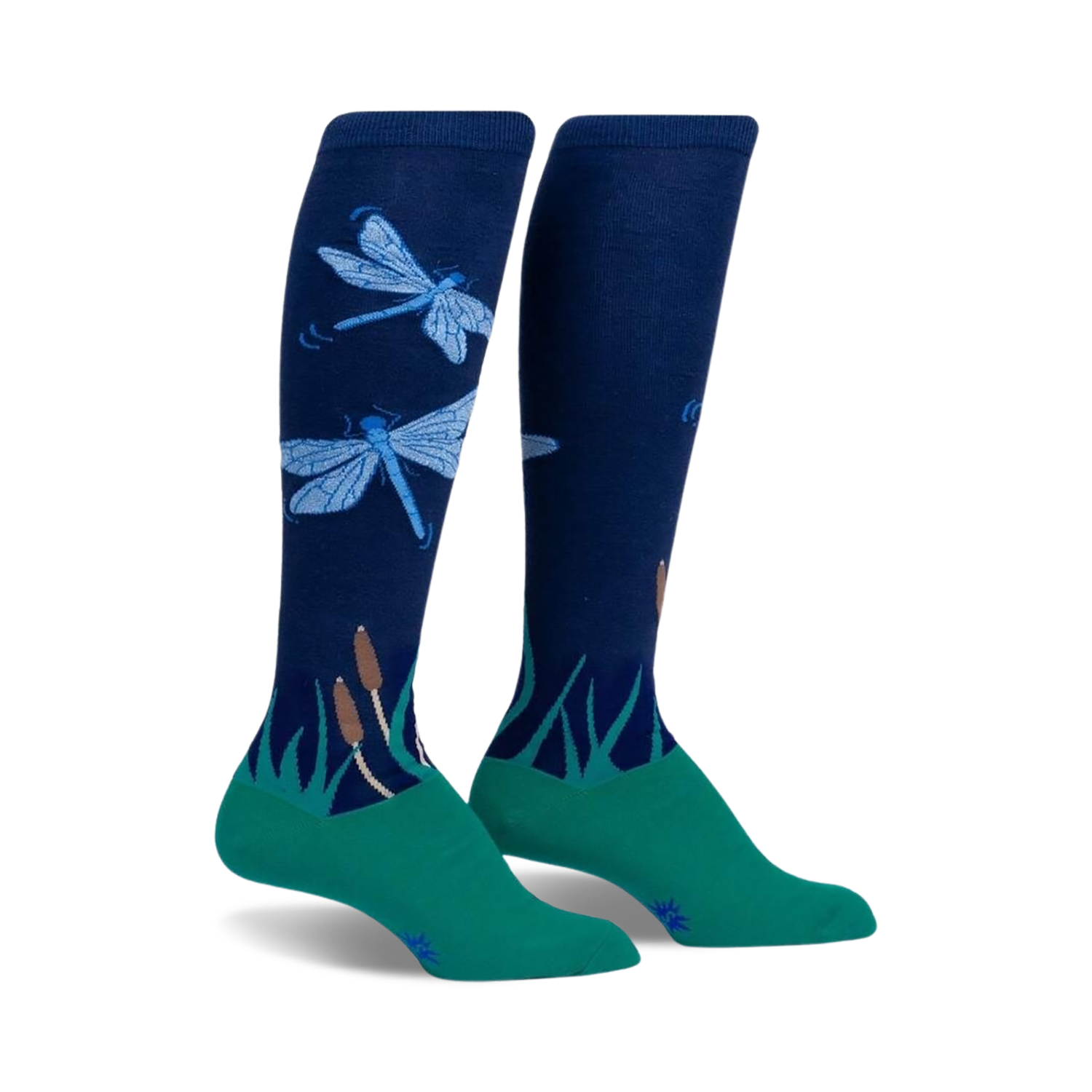 Pair of navy blue knee-high socks with teal cuffs, featuring a design of light blue dragonflies and green reeds.