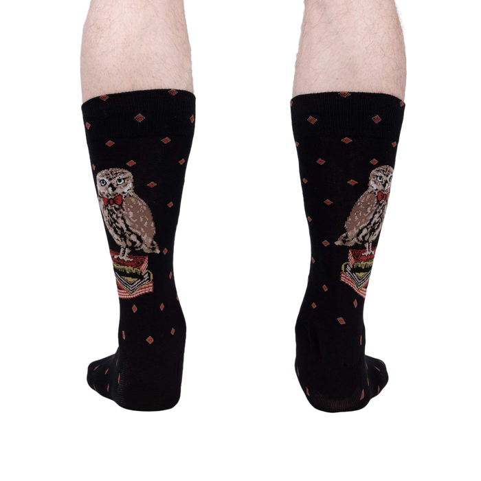 A rear view of the socks on a person's legs showing the back of the socks and the full design.