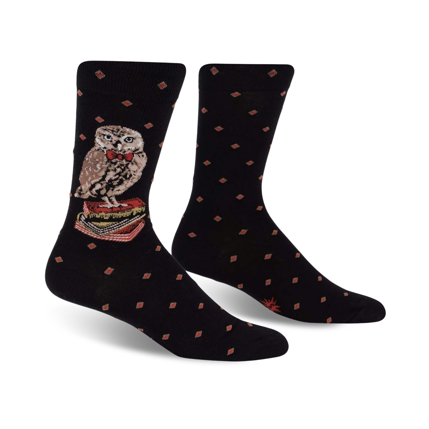 A pair of black crew socks with a red diamond pattern. A charming owl wearing a bow tie and perched on a stack of books is featured on the socks.