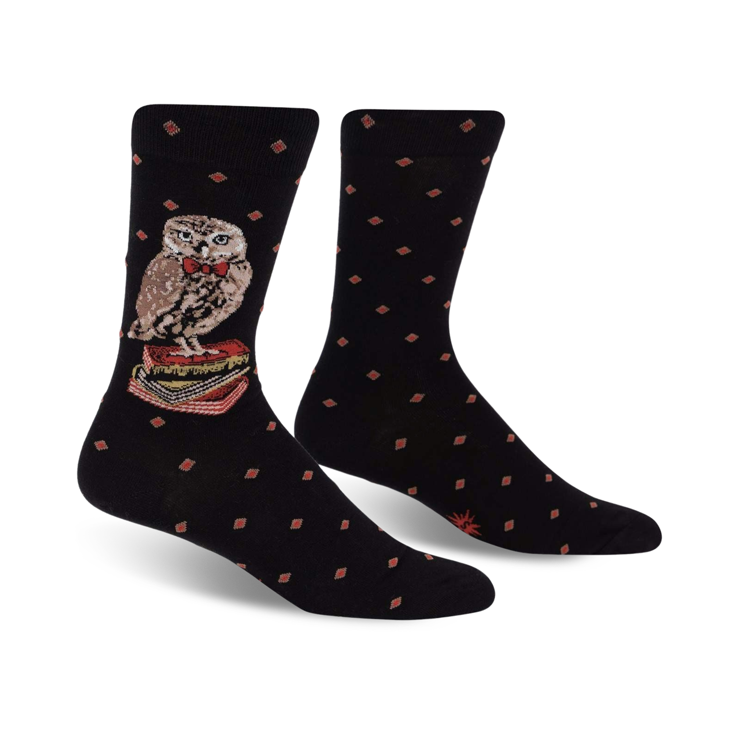 A pair of black crew socks with a red diamond pattern. A charming owl wearing a bow tie and perched on a stack of books is featured on the socks.