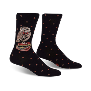 black crew socks with red diamond print feature owl on books graphic.  