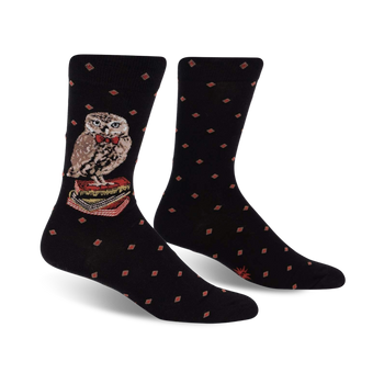 black crew socks with red diamond print feature owl on books graphic.  