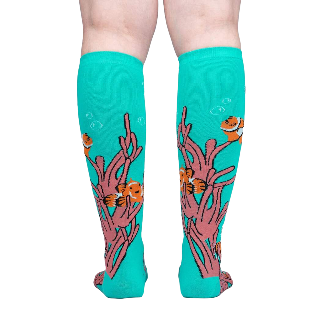 Back view of the 'Friends with Benefish' knee-high socks, showcasing the full design on a light grey background.