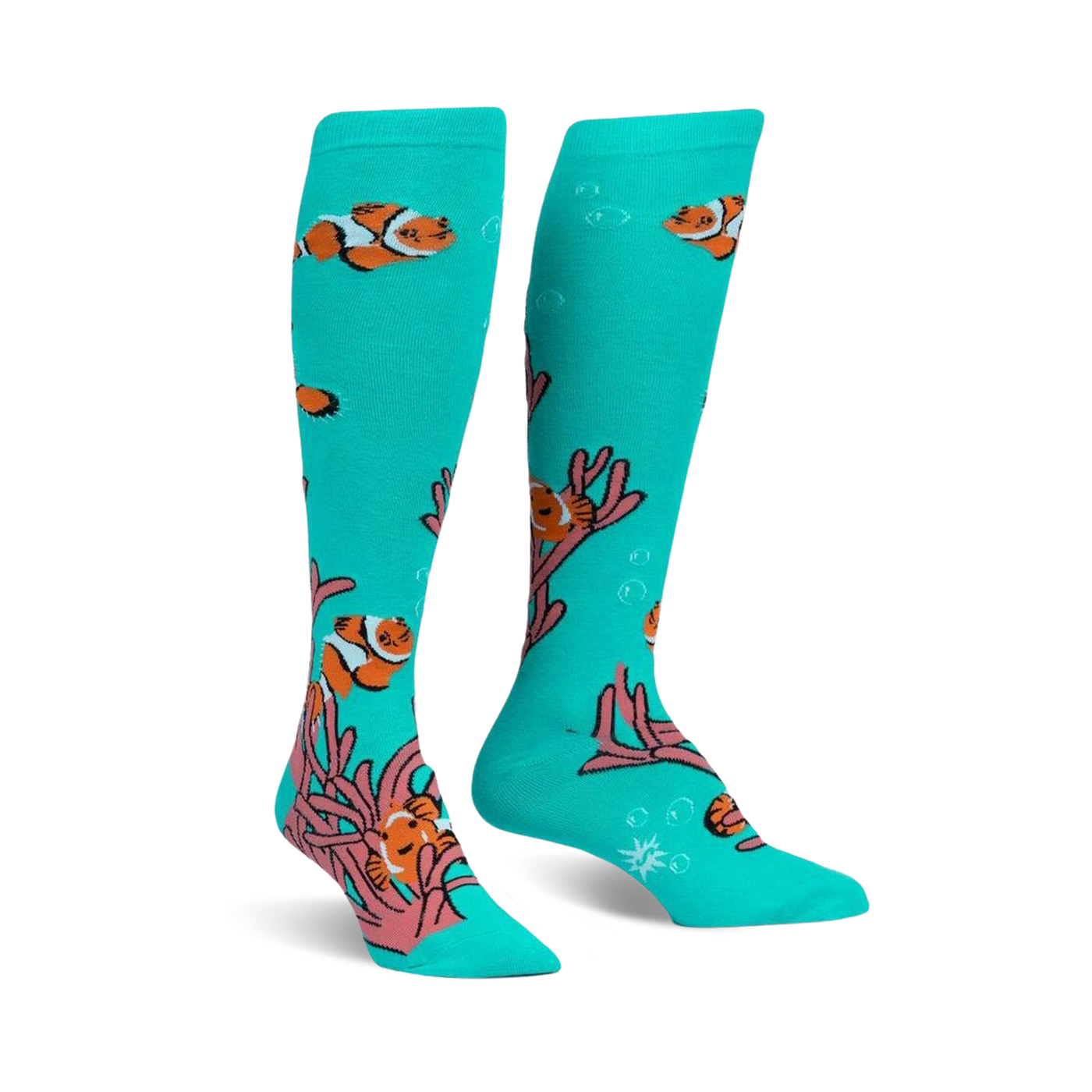 Pair of teal knee-high socks with a playful design of orange clownfish swimming among pink coral. 