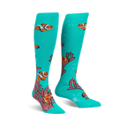 Pair of teal knee-high socks with a playful design of orange clownfish swimming among pink coral. 