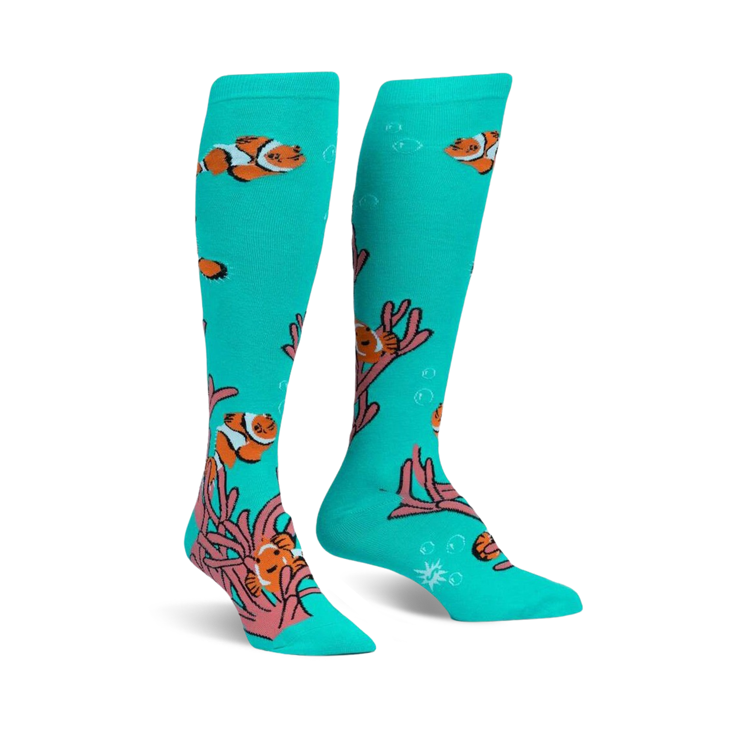 Pair of teal knee-high socks with a playful design of orange clownfish swimming among pink coral. 