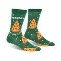 Green crew socks with a pizza slice Christmas tree design. Features a 'Merry Crustmas' text and small white stars.