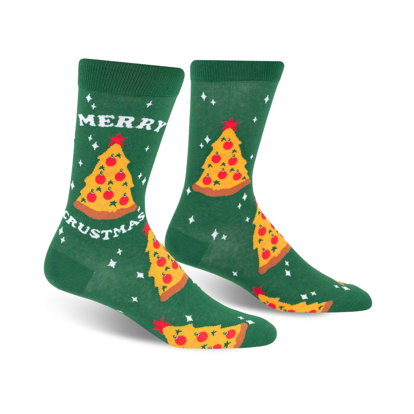 Green crew socks with a pizza slice Christmas tree design. Features a 'Merry Crustmas' text and small white stars.