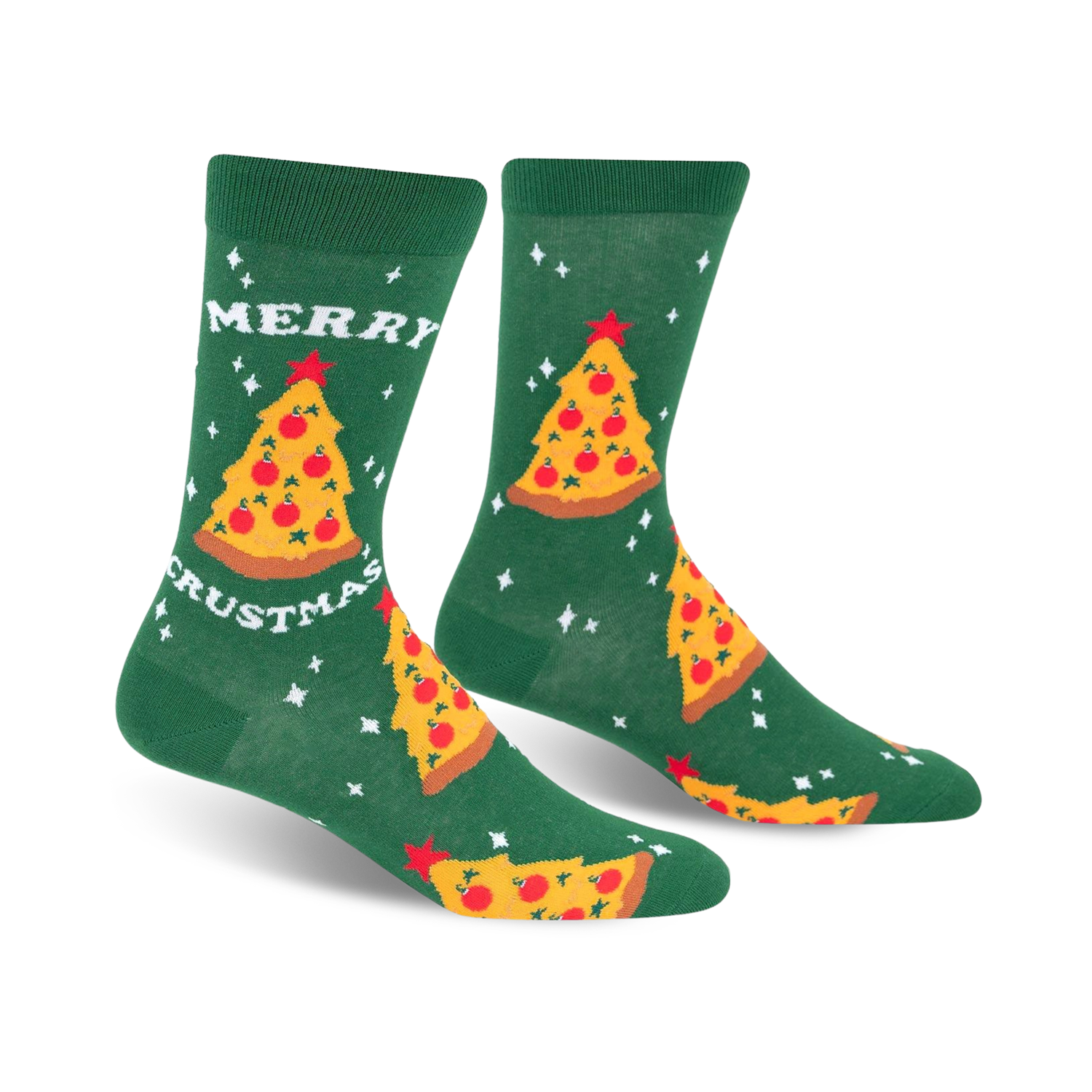 Green crew socks with a pizza slice Christmas tree design. Features a 'Merry Crustmas' text and small white stars.
