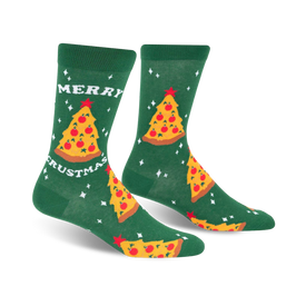green pizza slice christmas tree pattern crew socks with pepperoni and snowflakes for men.  