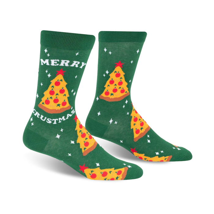 green pizza slice christmas tree pattern crew socks with pepperoni and snowflakes for men.   }}