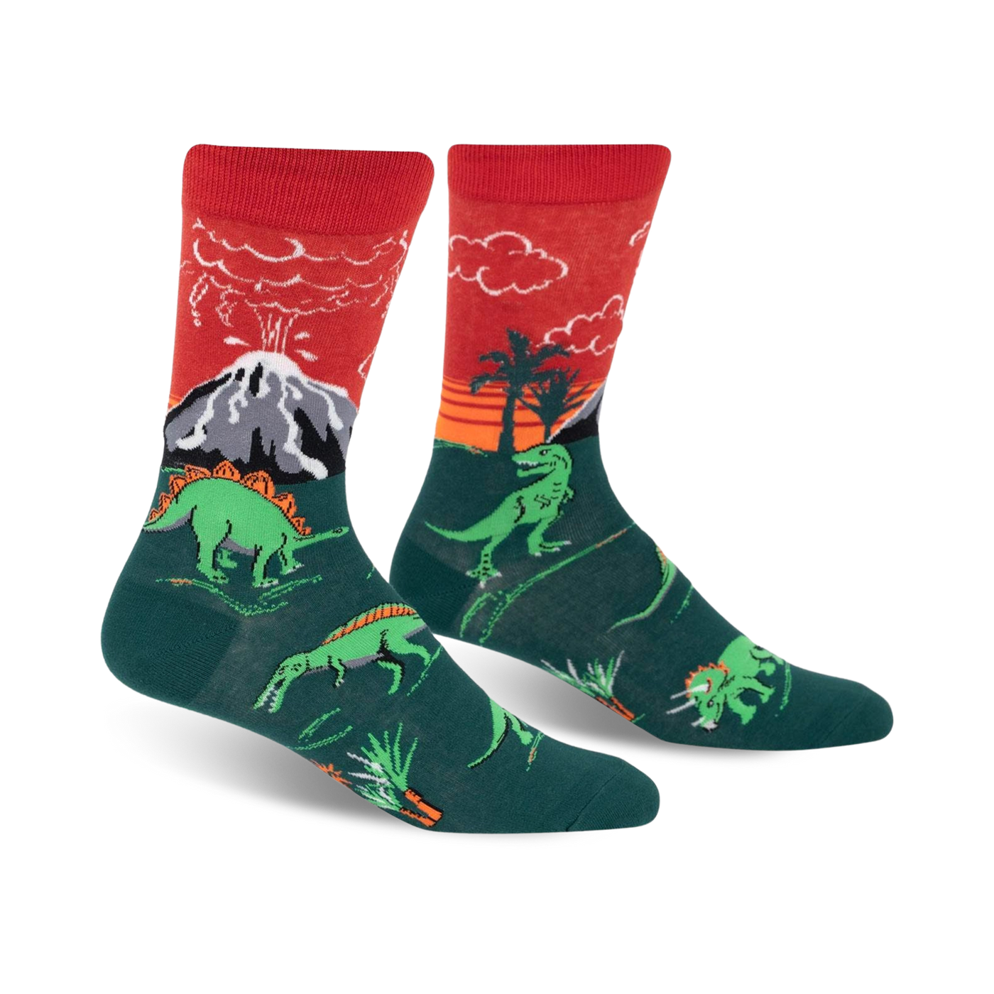 Crew socks in red and green, showcasing dinosaurs, a volcano, and palm trees.  The design glows in the dark!