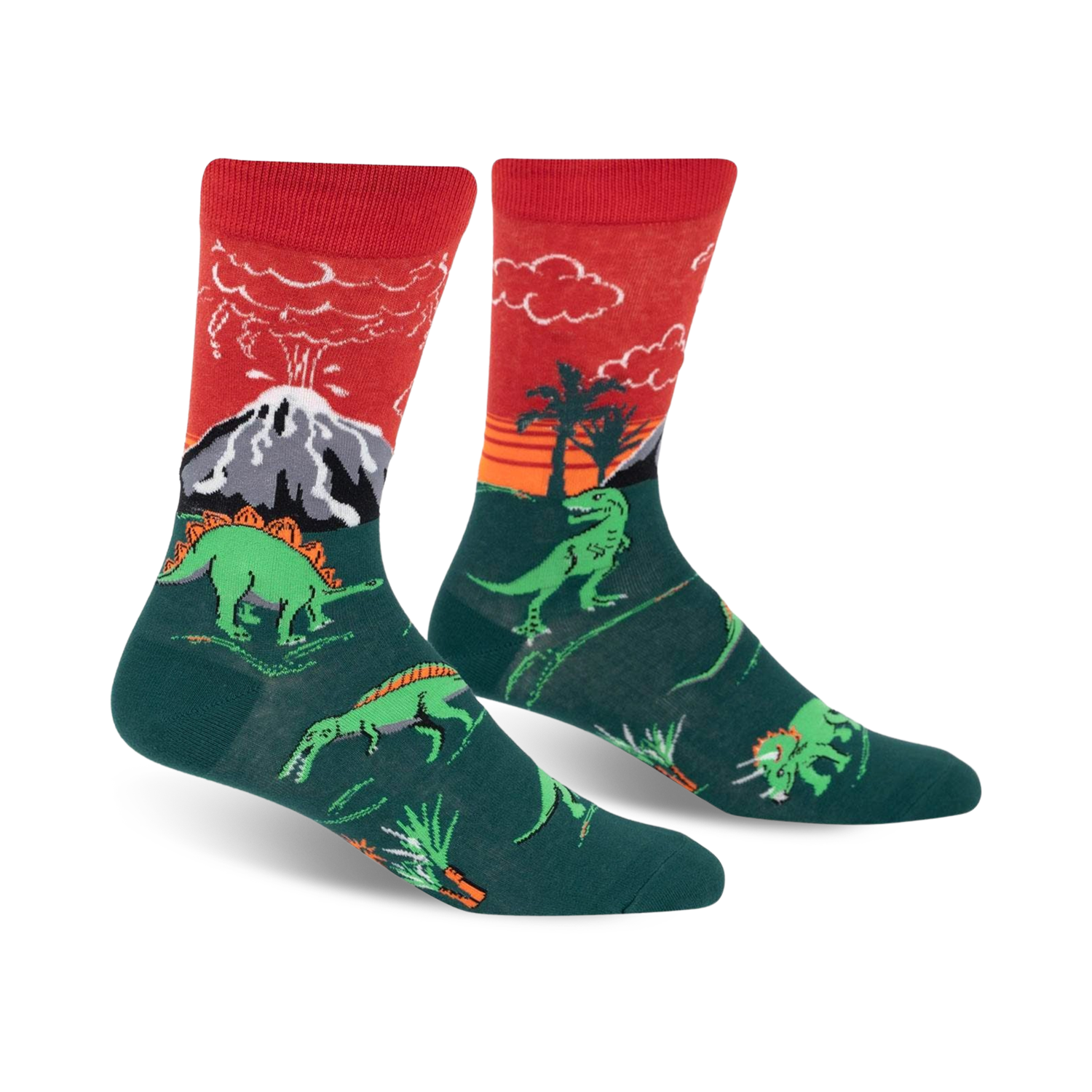 Crew socks in red and green, showcasing dinosaurs, a volcano, and palm trees.  The design glows in the dark!